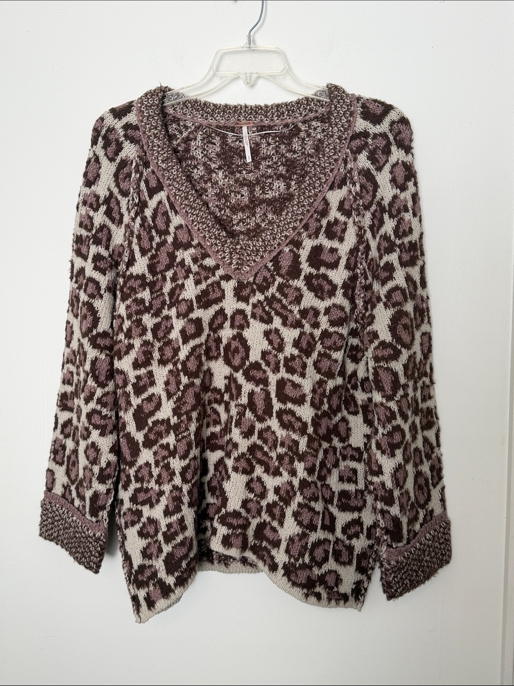Free People Leopard V-Neck Sweater in Taupe and Brown
